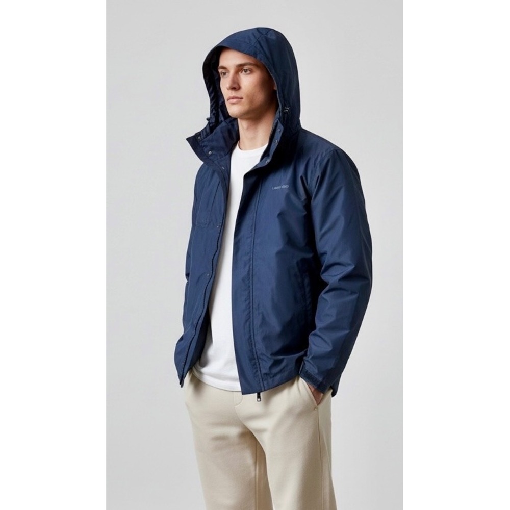 NWT Lands End Mens Waterproof Rain Jacket Navy Blue Hooded Full Zip Coat Large